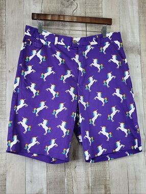 Mens Purple Unicorn Print Shorts. Size 34. Cotton Blend